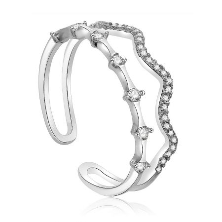 A detailed look at the Tiara Wave Band Ring, showcasing its polished, silver-colored finish and intricate wavy design studded with clear gemstones.