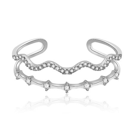 Tiara Wave Band Ring - Close-up of the Tiara Wave Band Ring, showing its elegant wavy design with two layers of brilliant white cubic zirconia gemstones on a rhodium-plated brass band.