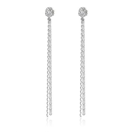 CZ Stud Chain Long Earrings - A pair of CZ Stud Chain Long Earrings with a rhodium-plated finish, featuring a dangling wavy chain design and clear cubic zirconia gemstones.