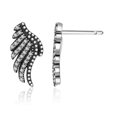 Detailed side view of the silver wing ear studs highlighting the shimmering cubic zirconia stones.