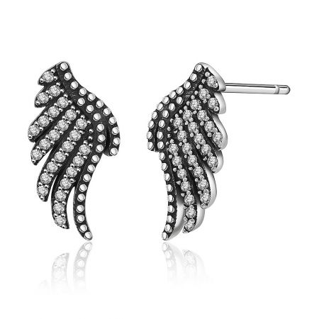 Close-up shot of the sterling silver wing ear studs showcasing the filigree details and post closure.