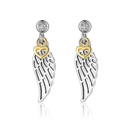 Wing and Heart Charms Earrings - A pair of Wing and Heart Charms Earrings, featuring a silver wing design with a gold heart accent and sparkling cubic zirconia stones, on a clean white background.