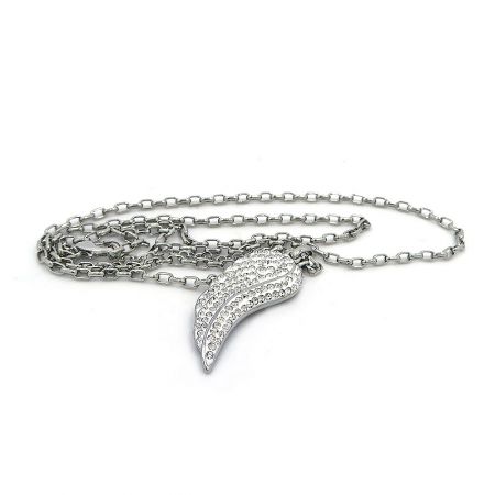 The Angel Wing Charm Necklace displayed on its chain, showing its full length and design.
