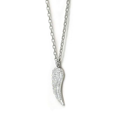 Close-up of the angel wing pendant, highlighting the detailed craftsmanship and gemstone setting.