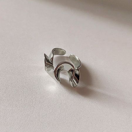 Detailed view of another abstract silver ring from the set, featuring a wing-inspired shape.