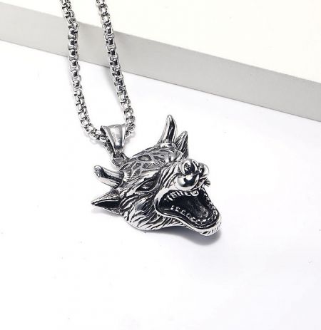 Customizable Stainless Steel Animal Necklace for Men - A detailed silver wolf head pendant on a stainless steel chain, representing a customizable animal necklace for men.