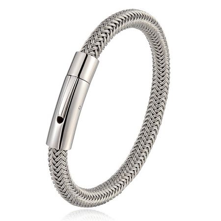 Braided men's bracelet in a silver stainless steel finish, showing the woven texture and clasp.