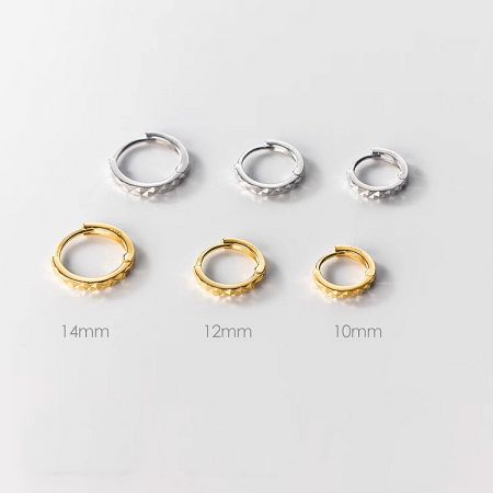 Sterling Silver Diamond Cut Minimalist Huggie Hoops (Set of 5 Pairs) - A collection of 925 sterling silver minimalist huggie hoop earrings available in silver and gold finishes, with sizes 10mm, 12mm, and 14mm displayed.