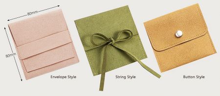 Three styles of microfiber jewelry pouches: pink envelope style, green string style, and tan button style.