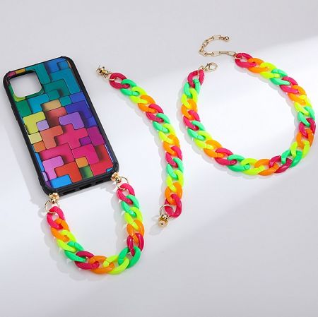 The versatile Rainbow Acrylic Chain used as a stylish mobile phone strap accessory.