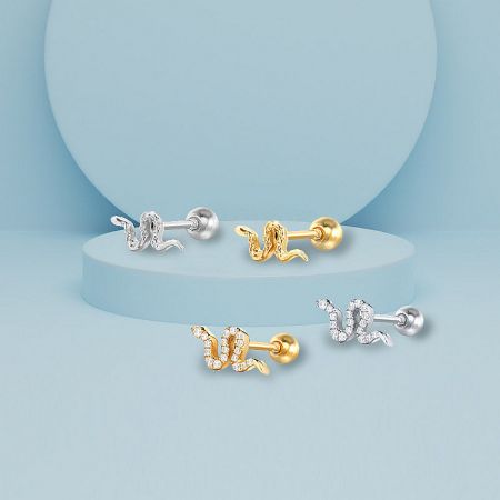 925 Sterling Silver Mini Cartilage Snake Zircon Stud Earrings (5 pcs) - A set of four 925 sterling silver mini cartilage snake stud earrings, shown in both silver and gold finishes with zircon details.
