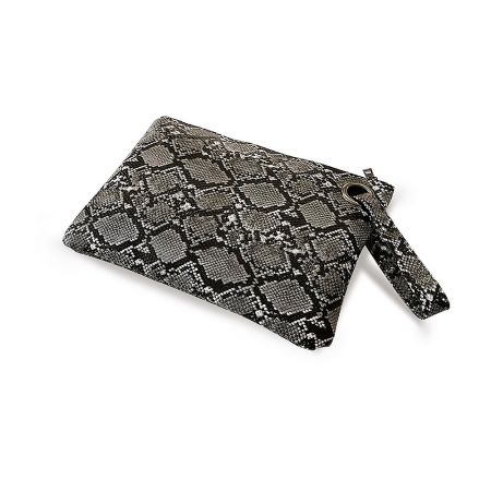 The snakeskin clutch bag shown with its convenient faux leather wrist strap.
