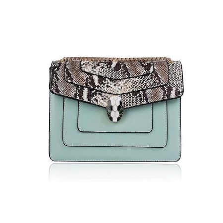 Fashionable snakeskin purse with a contrasting teal leather bottom and decorative clasp.