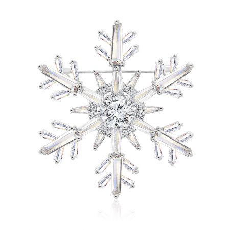 Snowflake with Zirconia Christmas Brooch - A detailed front view of the rhodium-plated snowflake brooch, intricately designed with sparkling white cubic zirconia stones.