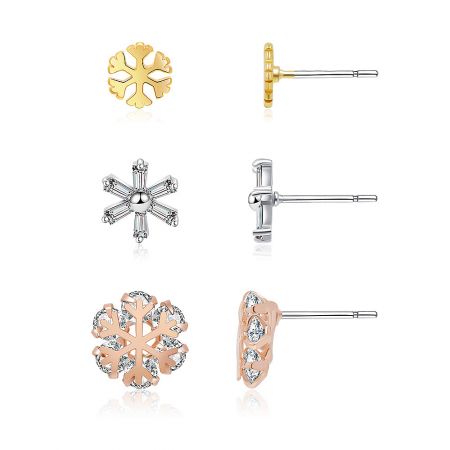 Front and side views of the three-tone snowflake earrings, showcasing the post closures and detailed craftsmanship.