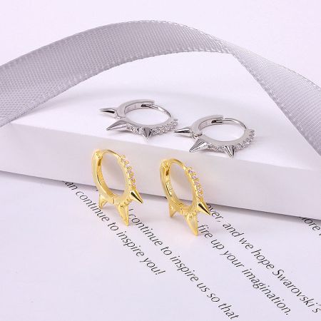 925 Sterling Silver Rivet Punk-Style Hoop Huggie Earrings (5 Pairs) - A pair of gold and a pair of silver 925 sterling silver rivet punk-style hoop huggie earrings displayed side-by-side on a white background.