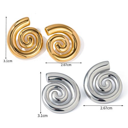 Both gold and silver spiral earrings shown with dimensions for scale.
