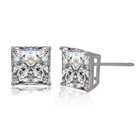 Angled view of the 8MM Square CZ Stud Earrings, showing the depth of the setting and the sparkle of the stone.