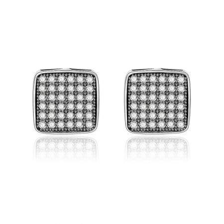 Square Pave Set Stud Earrings - A pair of Square Pave Set Stud Earrings in 925 sterling silver, featuring a grid of sparkling white cubic zirconia gemstones.