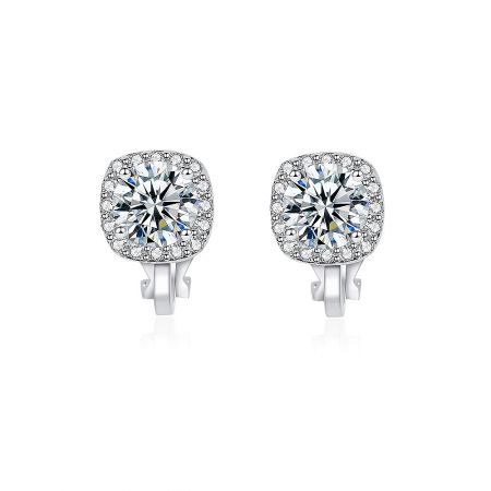 Clip-On Cubic Zirconia Square Stud Earrings - Front view of a pair of clip-on square halo stud earrings with large cubic zirconia center stones, set in rhodium-plated brass.