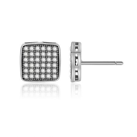 Detailed close-up view of the square pave set stud earrings, highlighting the intricate grid of cubic zirconia stones.
