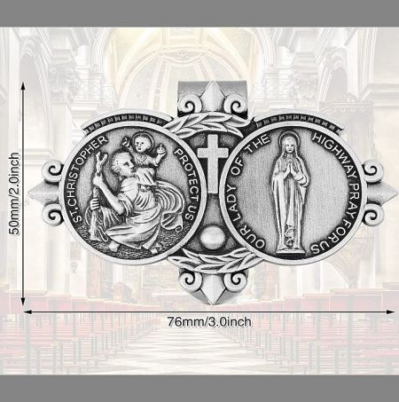 Detailed religious medal featuring St. Christopher and Our Lady of the Highway.
