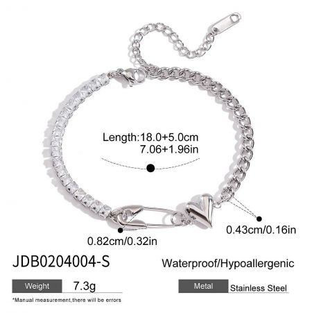 Detailed specifications and measurements for the stainless steel heart charm tennis bracelet.