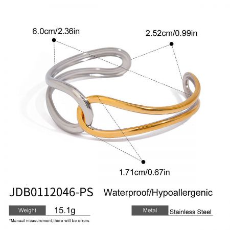 Detailed view of the two-tone stainless steel bangle highlighting its waterproof and hypoallergenic properties.