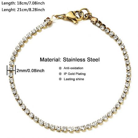 Detailed view of the gold-plated crystal tennis bracelet showing the fine craftsmanship.