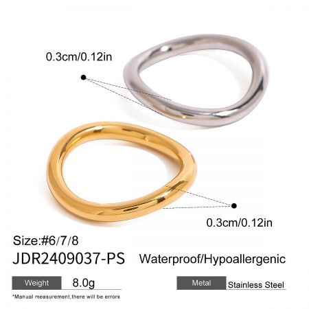 Set of 5 Minimalist Two-Tone Stainless Steel Stackable Rings - A set of 5 minimalist two-tone stackable rings in gold and silver stainless steel, highlighting their waterproof and hypoallergenic features.