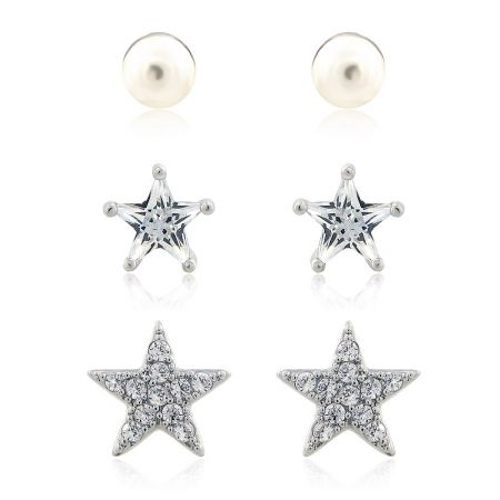 Stud Earring Set Star With Pearl - A set of three stud earrings including classic white pearl studs, a single-stone star earring, and a multi-stone star earring, offered by JR Fashion Accessories.