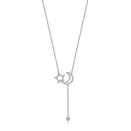 Moon Star Rhodium Pendant Dangle Necklace - A close-up of the Moon Star Rhodium Pendant Dangle Necklace, showcasing the sparkling cubic zirconia on the celestial charms.