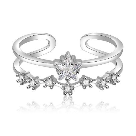 All Stars Adjustable Ring - Front view of the All Stars Adjustable Ring, showcasing the central star-shaped cubic zirconia stone on a rhodium-plated band.
