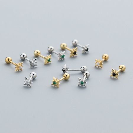 925 Sterling Silver Cubic Zirconia Tiny Star Screw Stud Earrings (5 Pairs Set) - A collection of 925 sterling silver tiny star screw stud earrings with cubic zirconia, displayed in both silver and gold finishes with various gemstone colors.