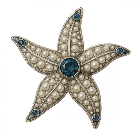A dazzling starfish brooch embellished with lustrous pearls and brilliant blue gemstones set in a gold-tone finish.