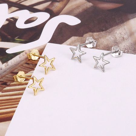 925 Sterling Silver Hollow-Out Star Stud Earrings (5 Pairs) - A pair of 925 sterling silver hollow-out star stud earrings in silver finish and a pair in gold finish, displayed on a clean white background.