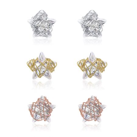 Gold Minimalist Star CZ Earring Set Studs - A set of three minimalist star-shaped stud earrings in gold, silver, and rose gold finishes, each featuring a sparkling cubic zirconia stone.