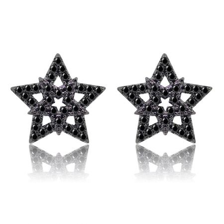 Black Cubic Zirconia Star Post Earrings - A pair of Black Cubic Zirconia Star Post Earrings with a dark hematite plating, showcasing the intricate starburst design and sparkling black stones on a white background.