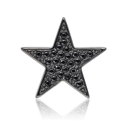 Starburst Black Clutch Pin - Front view of the Starburst Black Clutch Pin, a star-shaped brooch with hematite plating and sparkling jet cubic zirconia stones.