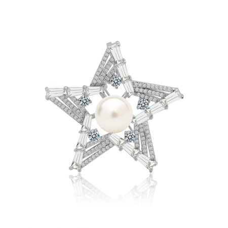 Gorgeous Star Pearl Brooch - Front view of the Gorgeous Star Pearl Brooch, showcasing its intricate star shape crafted from rhodium-plated brass, a central white glass pearl, and sparkling cubic zirconia accents.