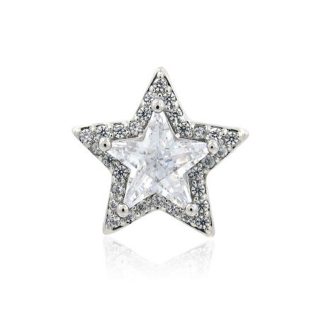 Shiny star-shaped clothing clutch pin paved with clear cubic zirconia.