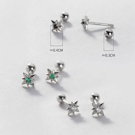 Various silver star earrings with different gemstone settings and size details.