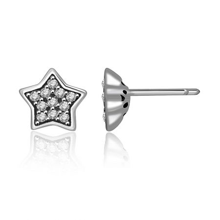 Close-up detail of a sterling silver star stud earring, highlighting the pave-set white cubic zirconia stones.