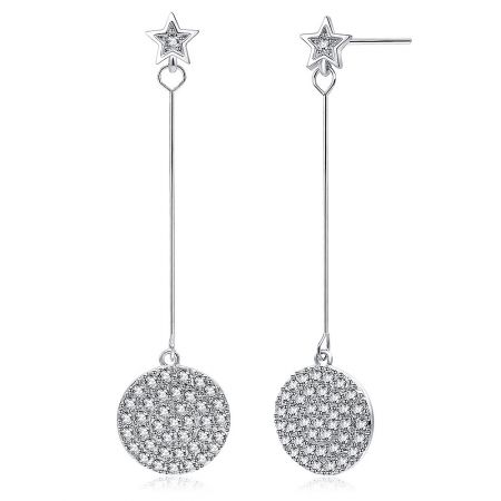 Side profile of the star-studded dangling earrings, highlighting the long thin bar connecting the star top to the stone-covered circular pendant.