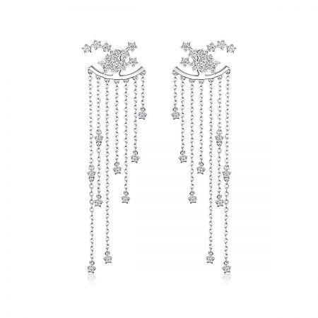 925 Sterling Silver CZ Star Tassel Drop Earrings with Long Chain - Studio product shot of 925 sterling silver star tassel drop earrings with sparkling cubic zirconia and long dangling chain back hooks.