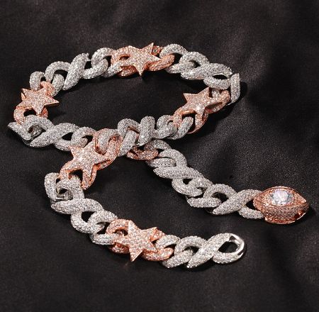Cuban Link Chain Hip Hop Pink White Plated Choker - A stunning Cuban link chain hip hop choker with interlocking star-shaped links in silver and rose gold, encrusted with sparkling cubic zirconia stones.