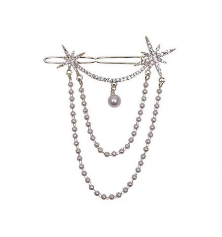 Star Dangling Statement Hair Pin - A close-up of the Star Dangling Statement Hair Pin, a gold-plated celestial-themed accessory with star motifs and pearl accents.