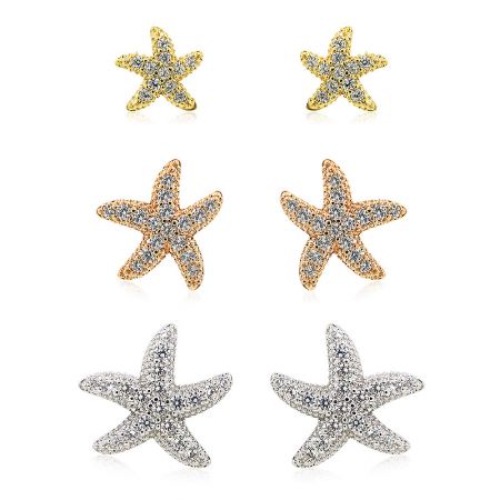 Starfish 3 In 1 Set Earrings - A set of three starfish stud earrings in gold, rose gold, and silver finishes, each embellished with sparkling clear cubic zirconia stones.