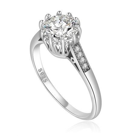 Side angle of the 10 Prong Round Cut Ring, highlighting the pave accents along the band.