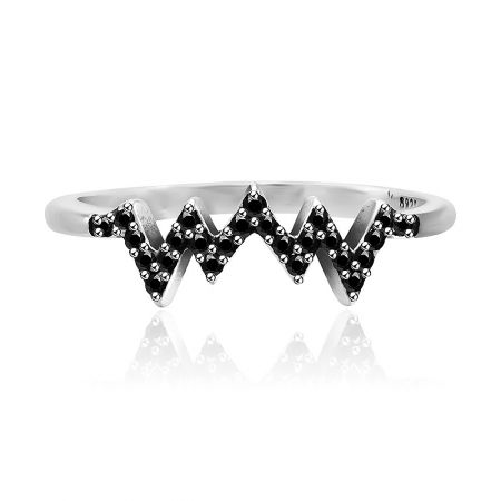 Modern sterling silver zigzag ring set with striking black gemstones.
